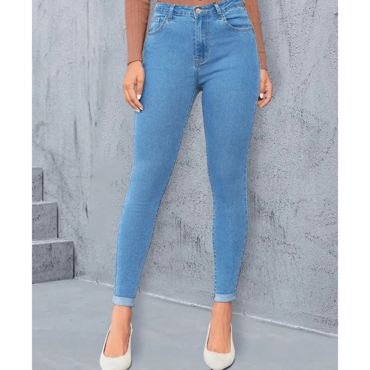 Women's High Waist Skinny Jeans With Lycra - 中等水洗藍 - 查看 1