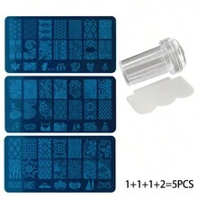 Kit de herramientas de estampación de arte de uñas de 3+1 piezas, plantilla de estampado de uñas con diseños de encaje simétrico, floral, corona, mariposa y corazón, para transferencia de esmalte de uñas para mujeres y salones de uñas - Azul - Ver 2