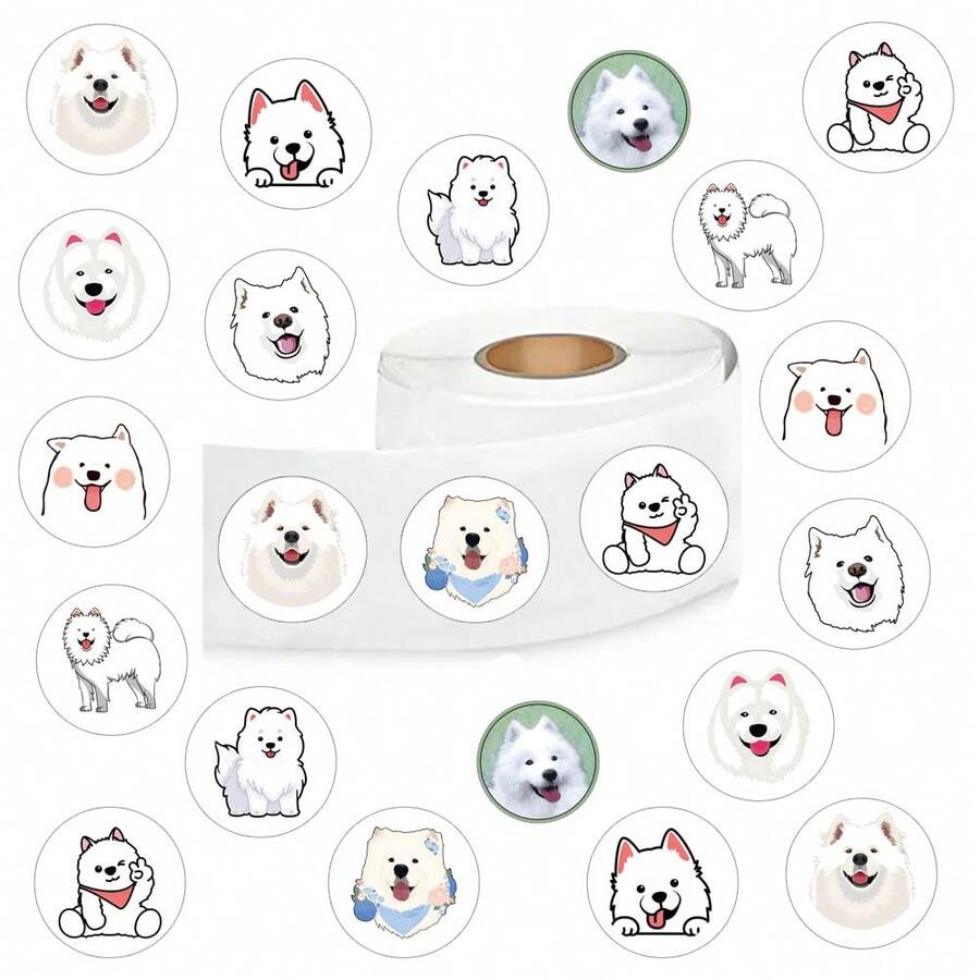 500pcs/Roll Samoyed Stickers, Aesthetic 1 Inch Labels With 10 Patterns Per Roll, Self-Adhesive Stationery Stickers For Scrapbooking, Sealing Envelopes, Party Supplies, Rewards & Motivation - Apricot - View 1