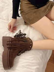 复古西部牛仔靴女时尚搭配开衫秋冬新款厚底流苏时尚百搭街头辣妹骑士靴子搭配毛衣 - 棕色 - 查看 5