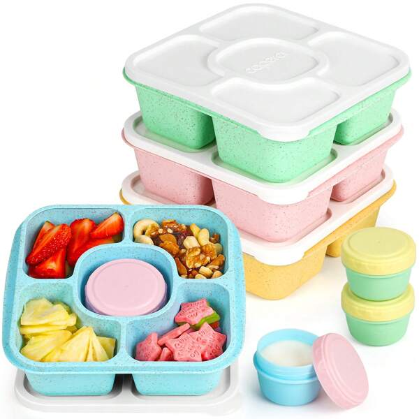4pcs/Set Bento Box, Fruit Box, 5-Compartment Snack Plate, Cutlery Set, Lunch/Picnic Box With Lids And 4 Sauce Containers, Reusable Food Storage Containers Suitable For Work And Travel,School Supplies