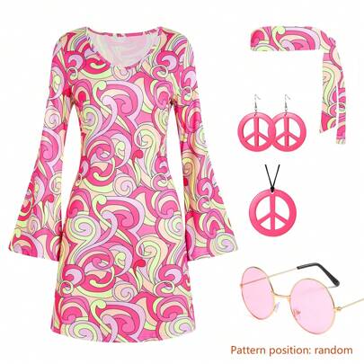6pcs 70s Retro Hippie Set With Necklace And Earrings Vintage Set For Girls And Women(Pattern Position Is Random)For Christmas Parties, Carnival Parties Dressing Up,Pink,Holiday Gift,Partywear,Elegant Outfit,Floral,Bachelorette Party,Vintage, New Year Party, Going Out Outfit,For Halloween Party Dressing Up