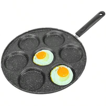 1pc 7 Hole Non-Stick Round Egg Frying Pan, Chicken Wing Frying Skillet, Griddle Pancake, Egg Patty, Breakfast Flat Pan Seafood Boil
