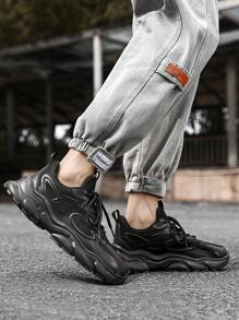 Men's Pre-Tied Minimalist Style Breathable Mesh Sneakers, Outdoor Sports And Daily Wear, With Thick Soles - Black - View 7