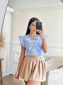 Feminine Ruffled Linen Blouse - Màu xanh lam - Xem 1