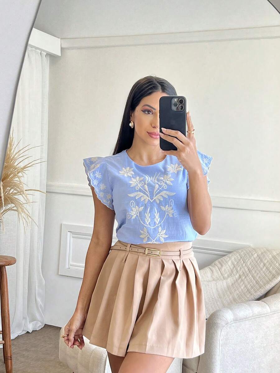 Feminine Ruffled Linen Blouse - Màu xanh lam - Xem 1