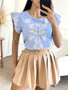 Feminine Ruffled Linen Blouse - Màu xanh lam - Xem 4