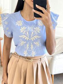 Feminine Ruffled Linen Blouse - Màu xanh lam - Xem 5