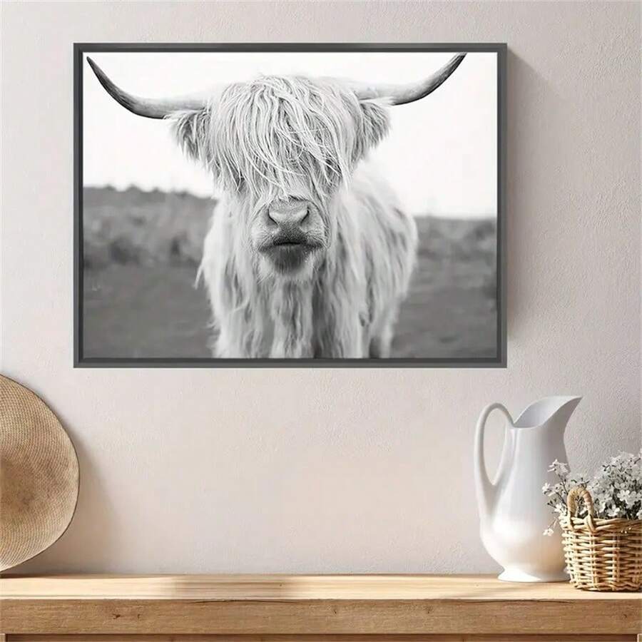 Highland Cow Canvas Wall Art Black And White Animal Wall Art Cow Wall Art Canvas Prints For Living Room Bedroom Office Wall Decor Home Decor Framed - Black - View 1