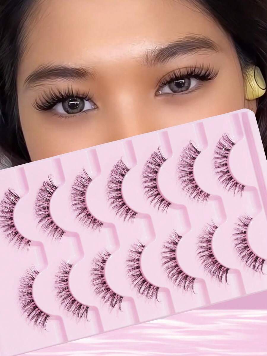 7 Pairs/Set D Curl Natural Looking Transparent Stem Cross False Eyelashes 5-13mm, Suitable For Work, Daily Use, School, Date, And Vacation