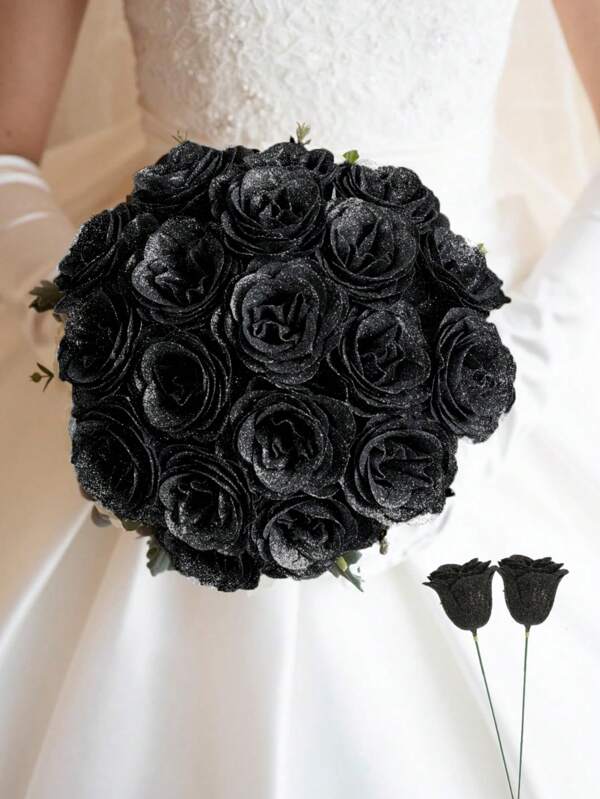12Pcs/Set Or 6Pcs/Pack 2.76in/7cm Glitter Roses Bouquet, DIY Fake Glitter Flowers Bouquet, Black Plastic Faux Flower, Artificial Rose Flower, Everlasting Shiny Artificial Rose Bouquet For Anniversary, Engagement, Wedding Gift, Home Decor, Office Kitchen Decor, Party Decor, Room Decor Stuff, Valentine's Day Decor, Mother's Day Decor, Valentine Day, Gift Gifts Birthday Graduation
