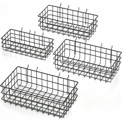 SEIKODY 4 Pack Pegboard Baskets Bins Set, 4 Size Square Style Black Metal Wire Basket For Any Peg Board Organizing Tools, Pegboard Accessories For Workbench Garage Wall Storage Attachments