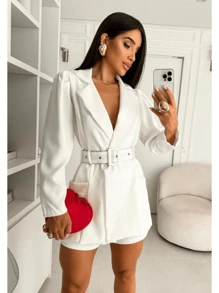 Rompers Blazer Tailoring Long Sleeve With Formal Belt Elegant And Casual Rompers Blogger Fashion Autumn Winter 2024 - White - View 1