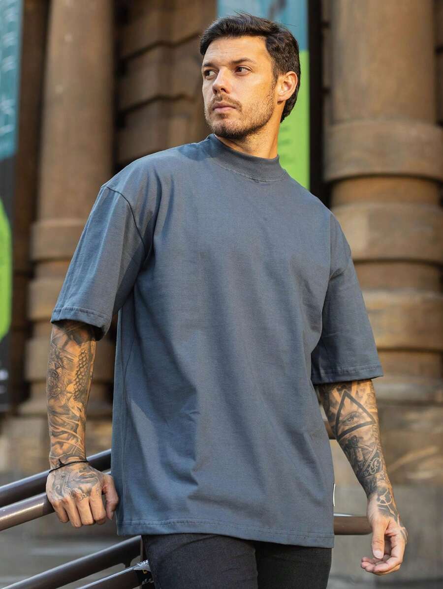 Oversized Plain Turtleneck T-Shirt Basic Men's Streetwear Unisex - 灰色 - 查看 1