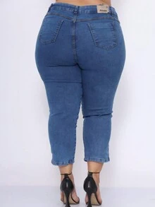 Women's Light Blue Stained Twill Capri Pants Plus Size Alleppo Jeans - Màu xanh lam - Xem 2