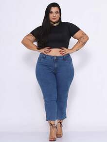 Women's Light Blue Stained Twill Capri Pants Plus Size Alleppo Jeans - Màu xanh lam - Xem 4