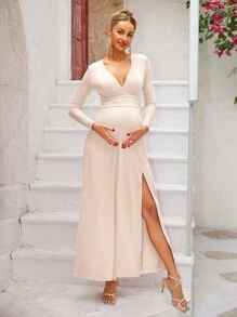Joyfunear Sexy Elegant Deep V-Neck High Slit Maternity Slit Dress, For Party - Apricot - View 1