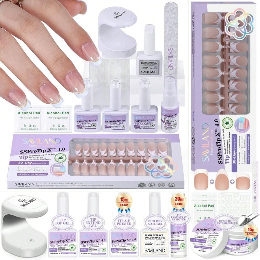 SAVILAND French Gel Nail Kit: Long-Lasting Extra Short Square Press On Nails For Women Thick & Perfect Nude French Gels Tips Chip-Free Sturdy-Fit Solid Nail Glue Gel U V/LED Lamp Nail Supplies - 短方巾+特短方巾+短杏仁 - 查看 1