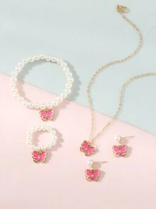 Bộ trang sức 5 món cho bé gái, gồm dây chuyền, vòng tay, nhẫn và bông tai đính ngọc trai hình bướm giọt dầu. - Màu Hồng Tươi - Xem 2