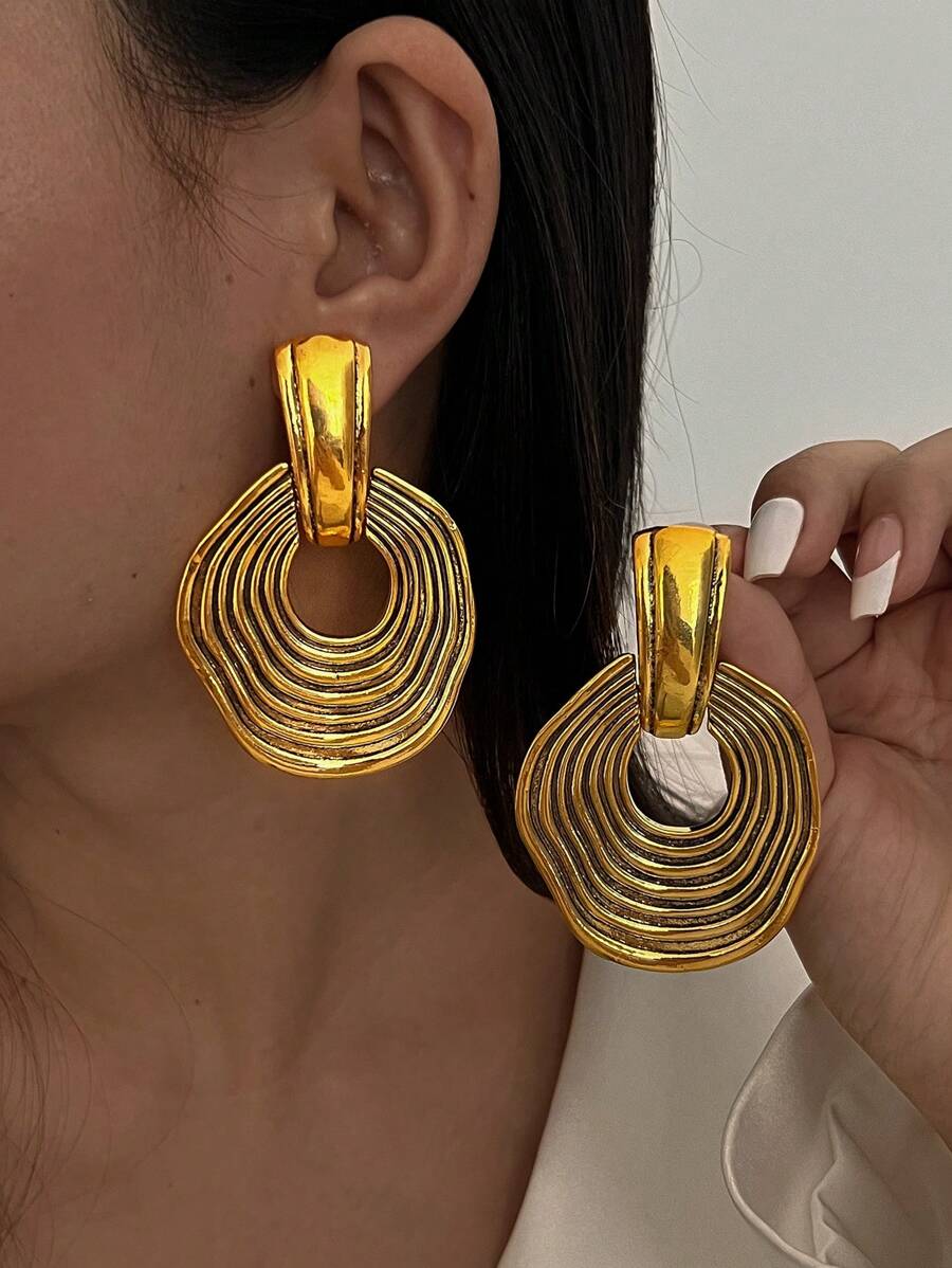 1 Cặp bông tai mặt dây chuyền xoắn ốc hình học cổ điển, quà tặng trang sức thời trang phong cách tối giản cho phụ nữ, phong cách Châu Âu và Mỹ - Vàng - Xem 1