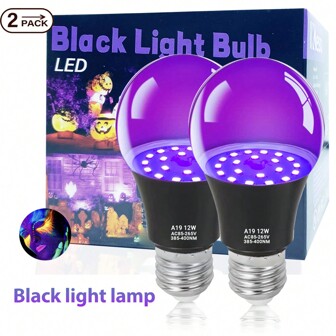 2 Packs LED Black Lights Bulb 12W Blacklight A19, E26 /E27 Medium Base AC85-265V, UVA Level 395-400nm, Glow In The Dark For Blacklights Party, Body Paint, Fluorescent Poster