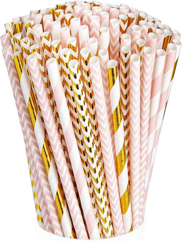 [100pcs Pack] Comfortable Pink & Gold Paper Drinking Straws 100% Assorted Pattern Party Straws Suitable For Birthday, Wedding, Bridal, Baby Shower And Holiday DecorSchool Supplies,Christmas Gift