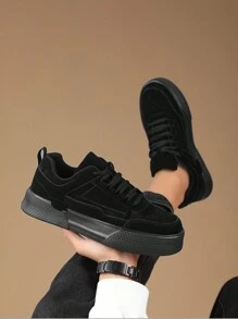 Giày trượt ván nam đế dày màu kaki mới, giày thể thao ngoài trời thường ngày, mũi tròn buộc dây, tăng chiều cao. - màu đen - Xem 4