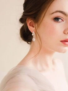 2件套时尚优雅立方氧化锆新娘耳环，适合婚礼和派对装饰，皇家风格。情人节配饰 - 白色 - 查看 2