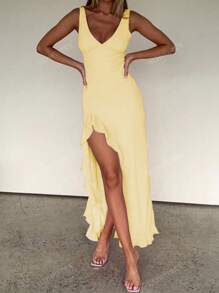 WOWDARK Women V-Neck Ruffle Hem Split Solid Color Midi Dress, Autumn
