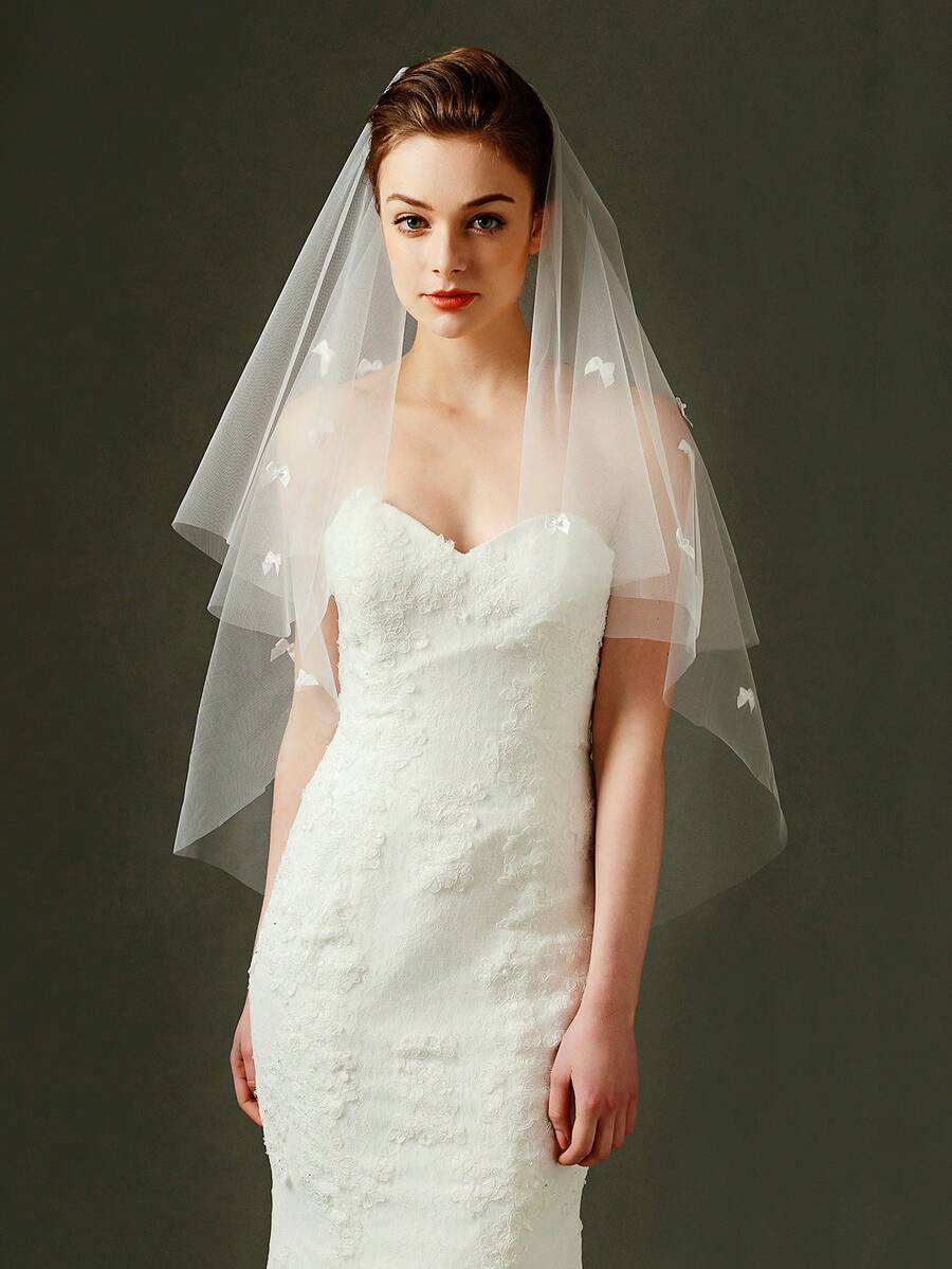 1 Máy Tính 2 Lớp Mạng Che Mặt Cô Dâu Có Nơ Giọng, Lãng Mạn Cổ Điển Ảnh Cưới Chống Đỡ Phụ Kiện Tóc - Màu be - Xem 1