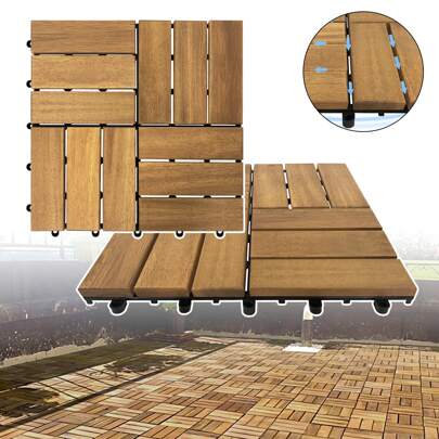 VA-Cerulean Wooden Tiles Terrace Tiles Acacia Wood 30 X 30 Cm, 1m² Balcony Tiles Garden Tiles Drainage Easy To Lay Garden Click Tile For Terraces And Balconies, Model A/B, 11 Pieces
