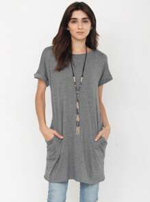 Boho Retro Rayon Cool Soft Summer Cuff Short Sleeve Crew Neck T Shirt Mini Dress Tunic With Pockets - 深灰色 - 查看 4