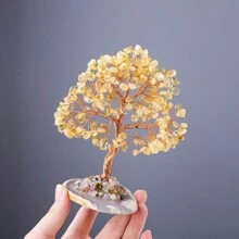 1PC Natural Crystal Lucky Tree Copper Wire Winding Colorful Gravel With Agate Slice Base Home Decoration Money Trees
