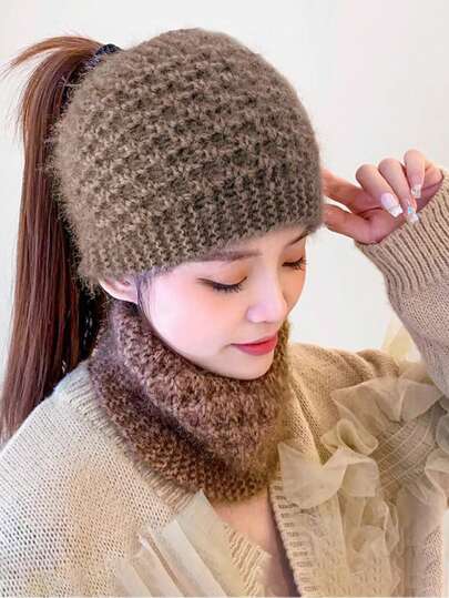 1件女士秋冬保暖发帽针织头带可当发帽或围巾多功能帽围巾两用松鼠毛发饰柔软羊毛护耳白色遮发帽优雅羊毛帽（因拍摄灯光原因，颜色可能略有不同，以实际产品颜色为准）