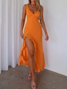 WOWDARK 夏季纯色连衣裙，时尚性感V领荷叶边开衩派对礼服，优雅女士连衣裙，适合情人节、约会、聚会、派对、旅行、度假、海滩等场合。 - 橘色 - 查看 5