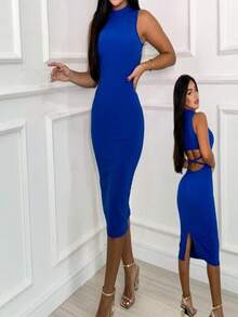 Malu High Neck Midi Dress With Hollow Out Ribbed Knit Back - 藍色 - 查看 2