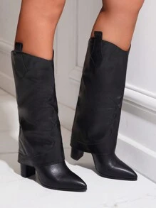 Women's Pointed Toe Slip-On Winter Fashion Boots Sexy Black Boots With Thick Heels, Match With Cardigan, Ankle Boots, Wear With Sweater, Riding Boots For Fall And Winter - Black - View 4