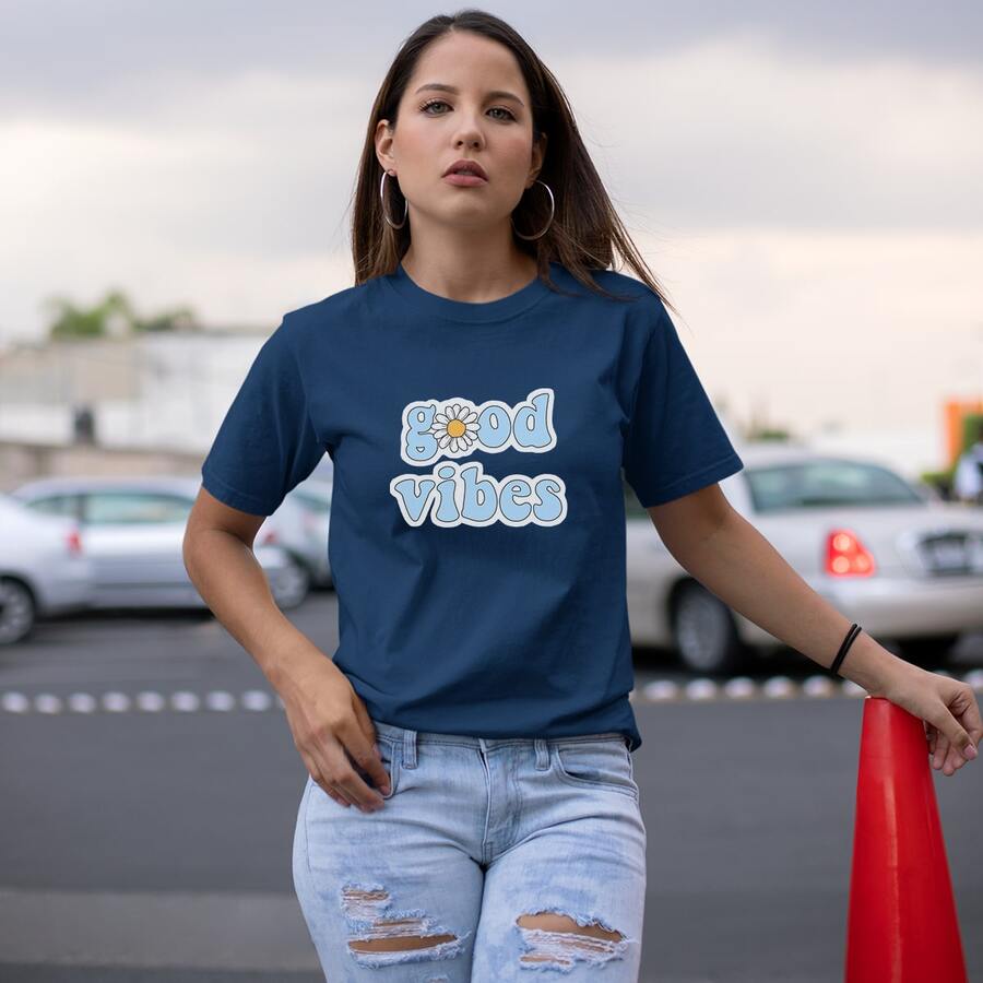 T Shirt Good Vibes Round Neck T-Shirt Casual Style Women's Fashion - 藏蓝色 - 查看 1