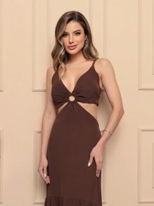 Long Dress With Lace Ruffle Strap, Shoulder To Monster, Smooth, Straight Super - 鏽棕色 - 查看 1