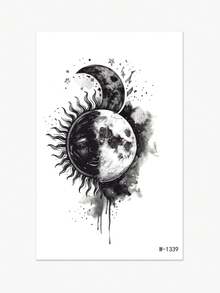 1pc Dark Art Ominous Sun And Moon Temporary Tattoo Sticker Suitable For Arm, Unisex - Black - View 2