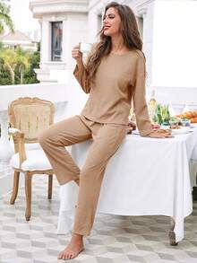 Bộ đồ ngủ họa tiết tổ ong màu trơn 2 món cho nữ, áo dài tay rộng rãi và quần dài, đồ ngủ và đồ mặc ở nhà cho mùa thu đông - Màu Khaki - Xem 3