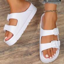 Womens Adjustable Double Buckle Sandals Fashion Waterproof Beach Slide Comfortable EVA Flat Shoes - trắng - Xem 6