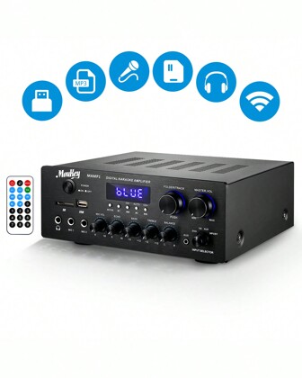 Moukey Home Audio Amplifier Stereo Receivers With Bluetooth 5.0 220W 2 Channel Power Amp Stereo System USB SD AUX MIC LED For Home Theater Speakers Via RCA Studio Use MAMP1