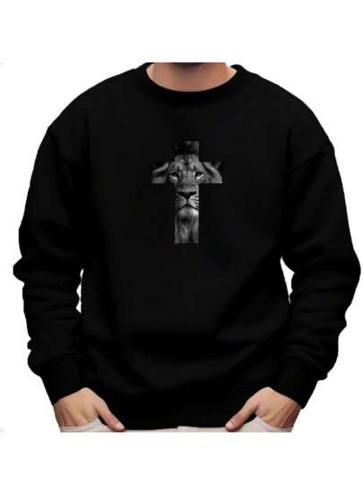 Moletom Sueter Masculino Basico Leão Cruz Evangelico Blusa de Frio Flanelado