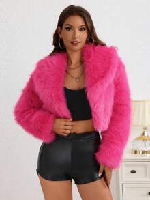 Abrigo Corto Unicolor Con Botones Ocultos De Peluche Para Mujer,Abrigo De Collar Solapa Cálido Para Otoño E Invierno - Rosa Fucsia - Ver 4