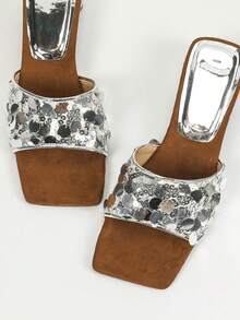 法式風格華麗閃亮厚跟高跟鞋，女士夏季時尚羅馬涼鞋，開口式腳踝帶涼鞋