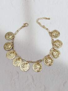 1 pieza Pulsera vintage con moneda y cadena ovalada para mujeres, adecuada para festivales
