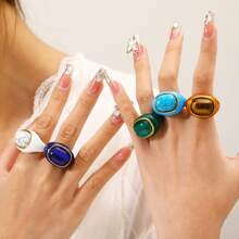 1 pieza Anillo de acero de titanio para mujer, diseño vintage audaz con incrustación de piedra natural, banda ancha de adecuada para uso diario