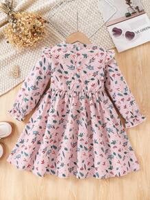 Vestido casual de manga larga con estampado floral para niñas, primavera otoño - Rosa - Ver 2