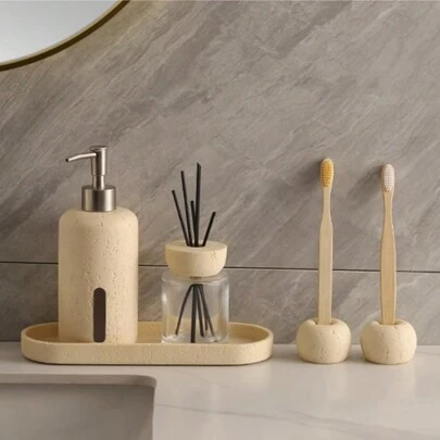 树脂浴室乳液皂液器 洗涤剂分配瓶 空收纳盒 洗手液分配器 乳液皂液器瓶 可再填充洗发水容器 浴室托盘 牙刷架 浴室配件套装 家居浴室装饰 浴室配件 浴室收纳盒 秋季装饰 返校收纳